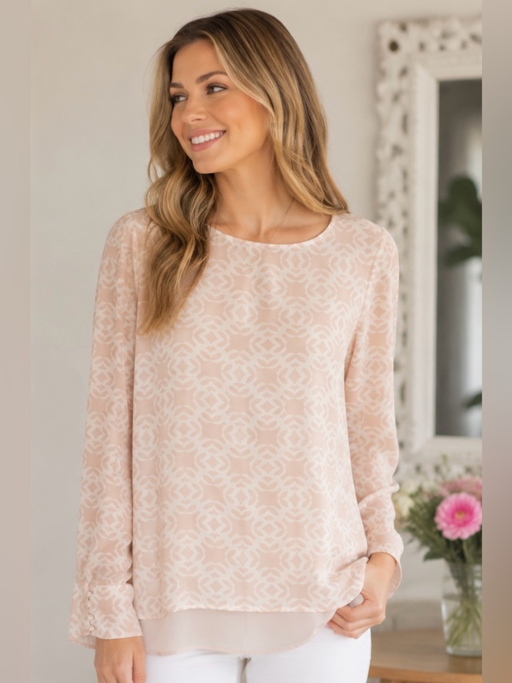 The Limited Pale Pink Geometric Long-Sleeve Blouse